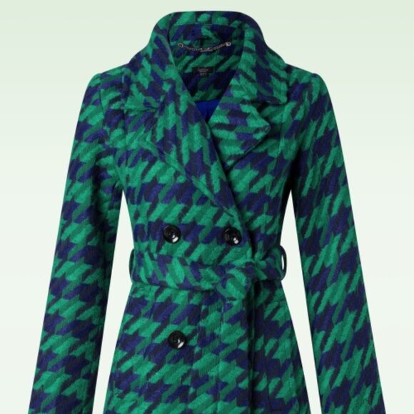 Green and Blue Houndstooth Double Breasted Wool Pea Coat with slight A Line. NWT - Picture 3 of 15